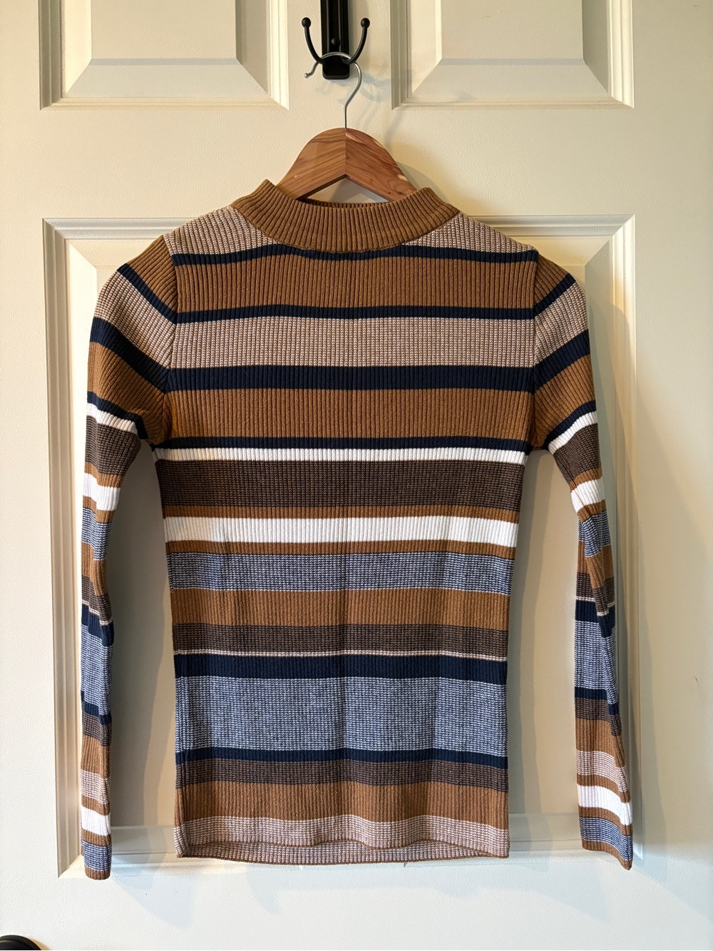 New Look Striped Ribbed Knit Top - Tan, Navy, White